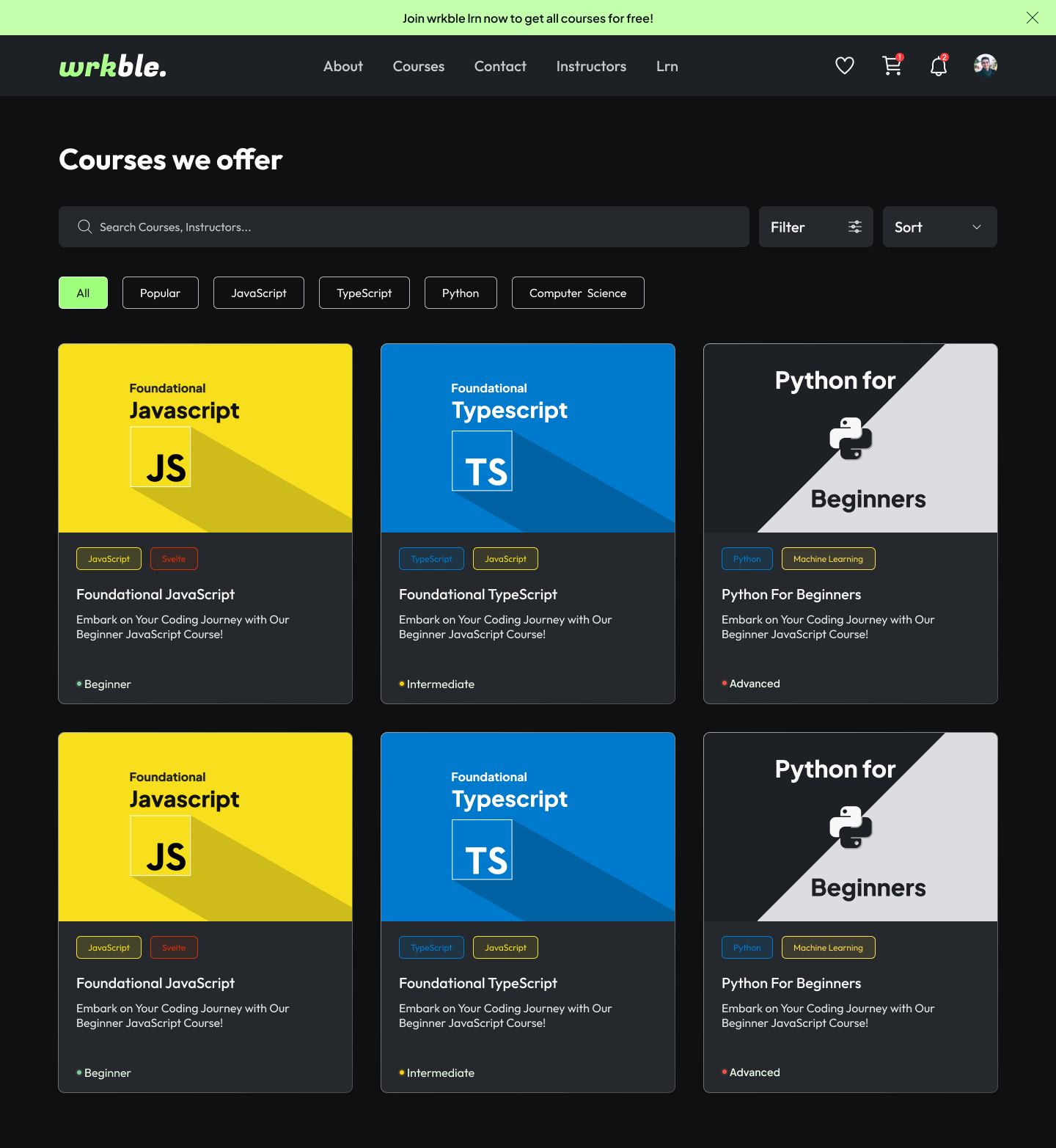 All courses page